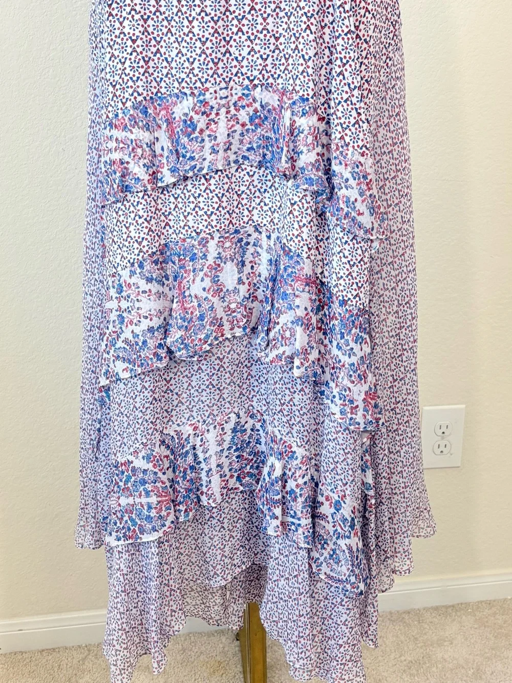 Rebecca Taylor 100% Silk Ruffle Asymmetrical Maxi  Skirt Blue Red Floral Boho